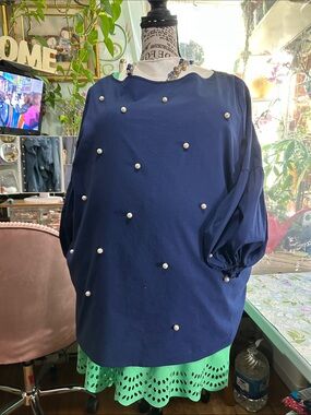 Classic Navy Pearl-Embellished Women's Top